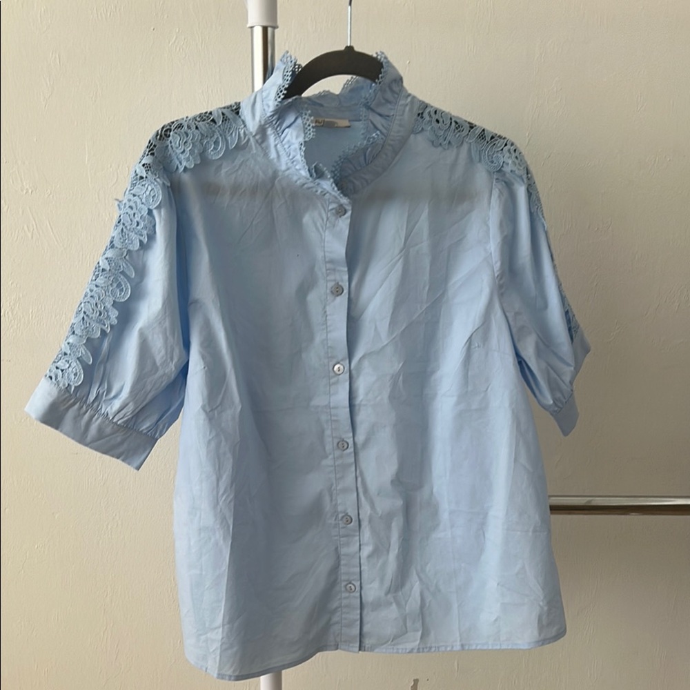 Light Blue Lace Trim Blouse